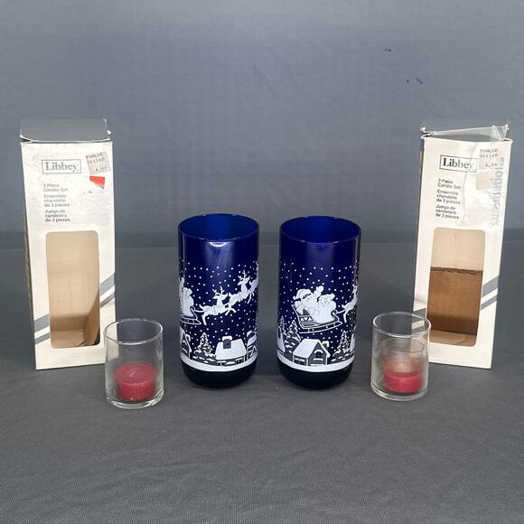 VTG Libbey Cobalt Blue Luminations Candle Holder Set Santa Sleigh Christmas Glow - Picture 2 of 15